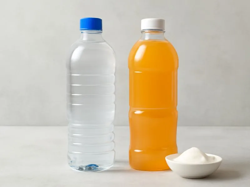 الفرق بين الماء العادي ومشروبات الإلكتروليت من خلال زجاجتين يحتويان على سوائل مختلفة